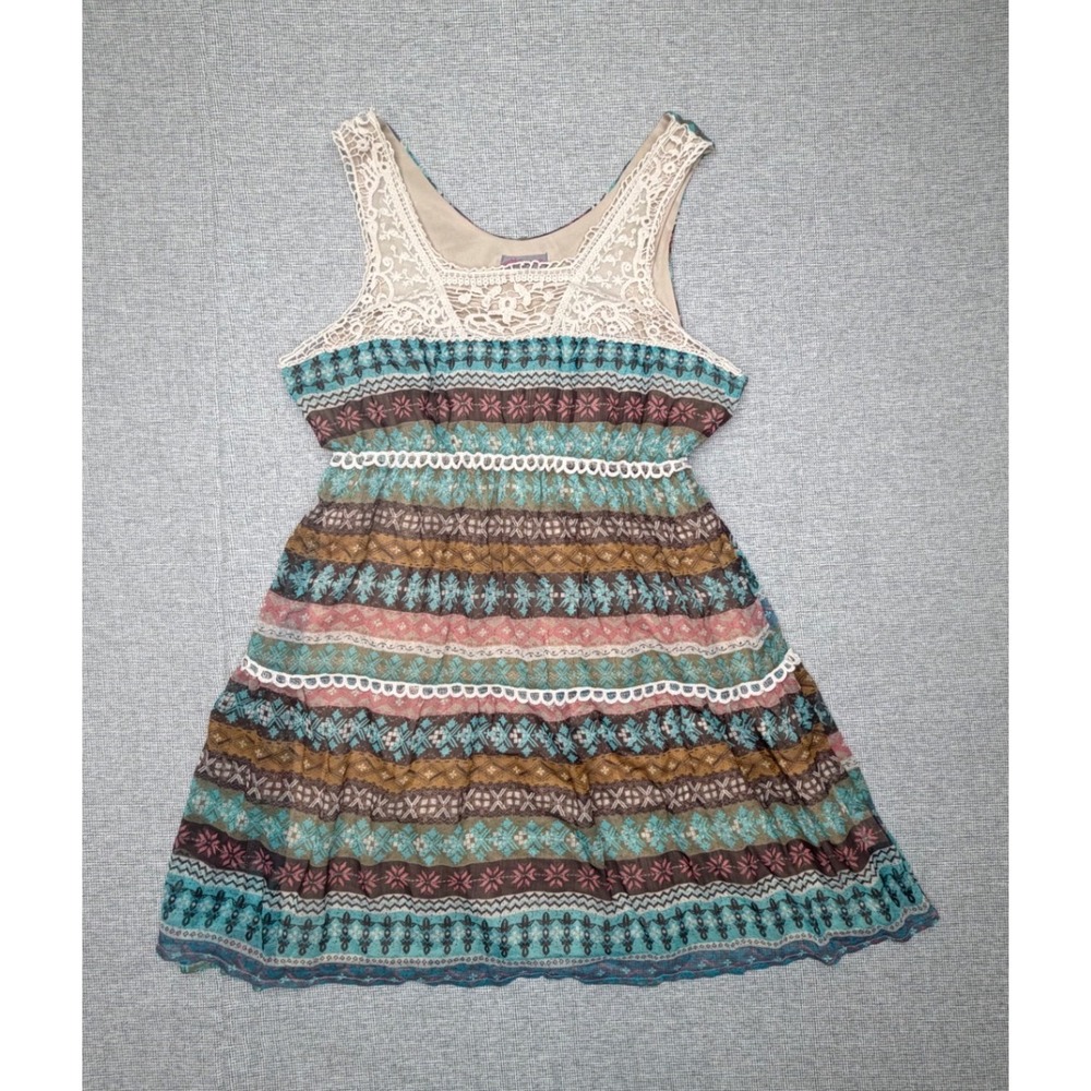 Ultra Pink Boho Lace Trim Geometric Print Tiered Mini Dress XL Turquoise Brown